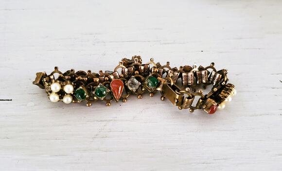 None and/or Unknown Jewelry - Victorian Revival Brass Filigree Faux Pearl & Glass Stone Bracelet